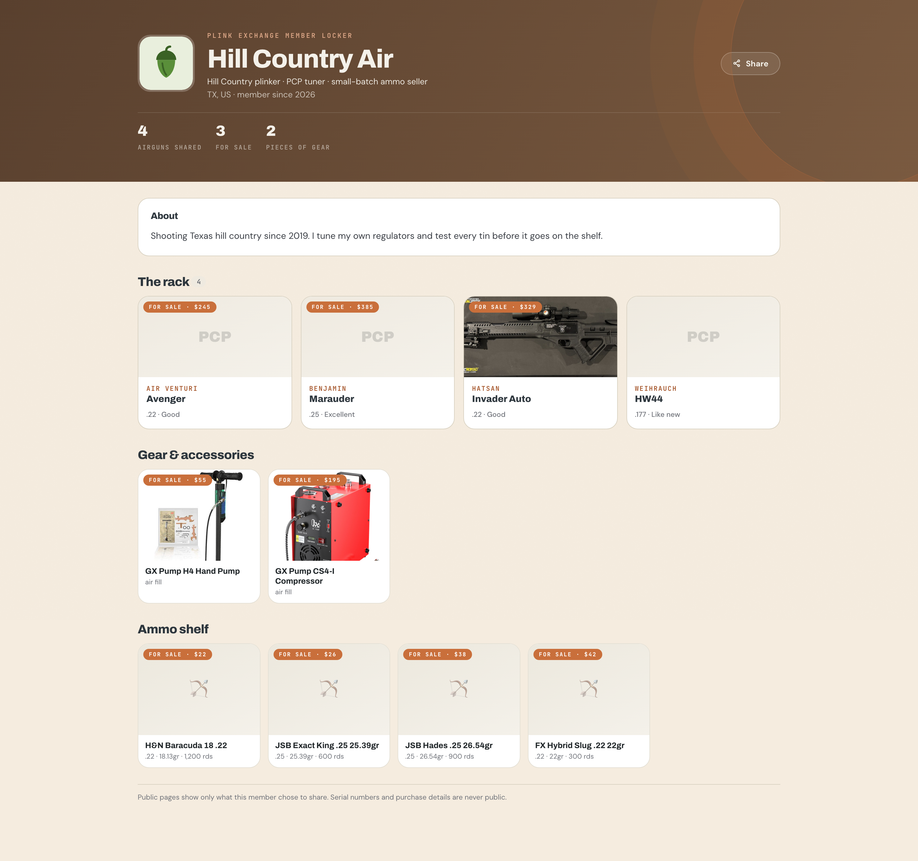 A themed member storefront with gear and ammo for sale