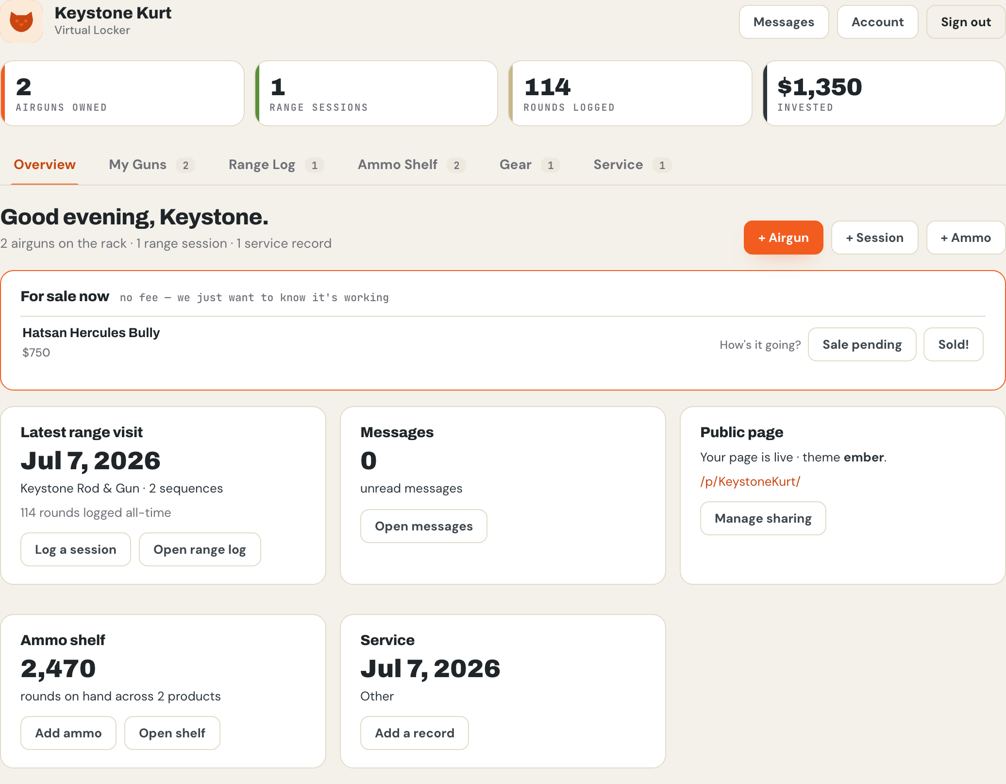 The Locker Overview dashboard: stats, for-sale pulse, range log, ammo shelf