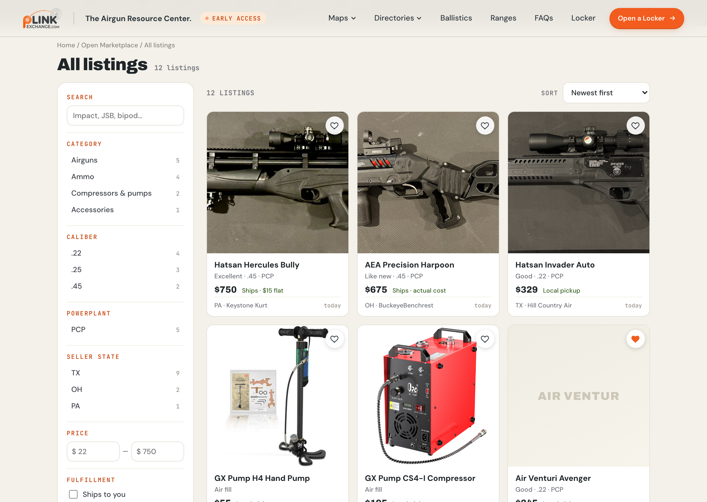 The marketplace browse page: filters on the left, real listings with photos